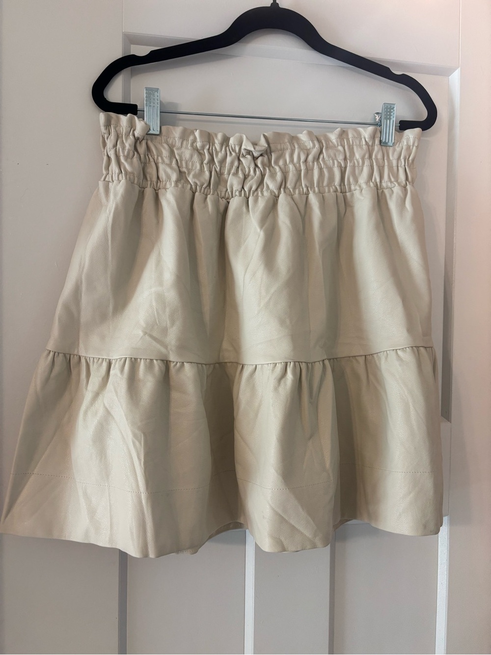 Anthropologie Faux Leather Cream Tiered Mini Skirt